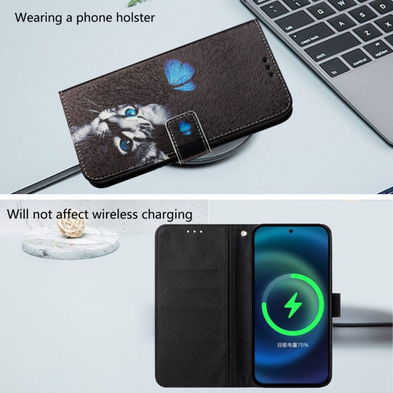 Læder Cover Xiaomi 15 Telefon Etui Sommerfugl Og Kat