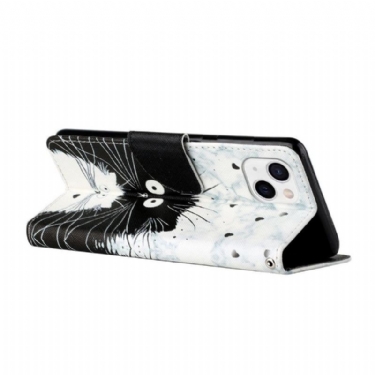 Læder Cover iPhone 13 Mini Original Sorte Og Hvide Katte