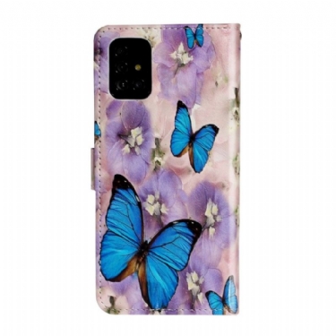 Læder Cover Samsung Galaxy A71 Blå Sommerfugle Og Blomster