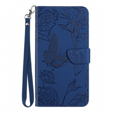 Læder Cover Poco M5 Med Snor Strap Sommerfugle Mønster