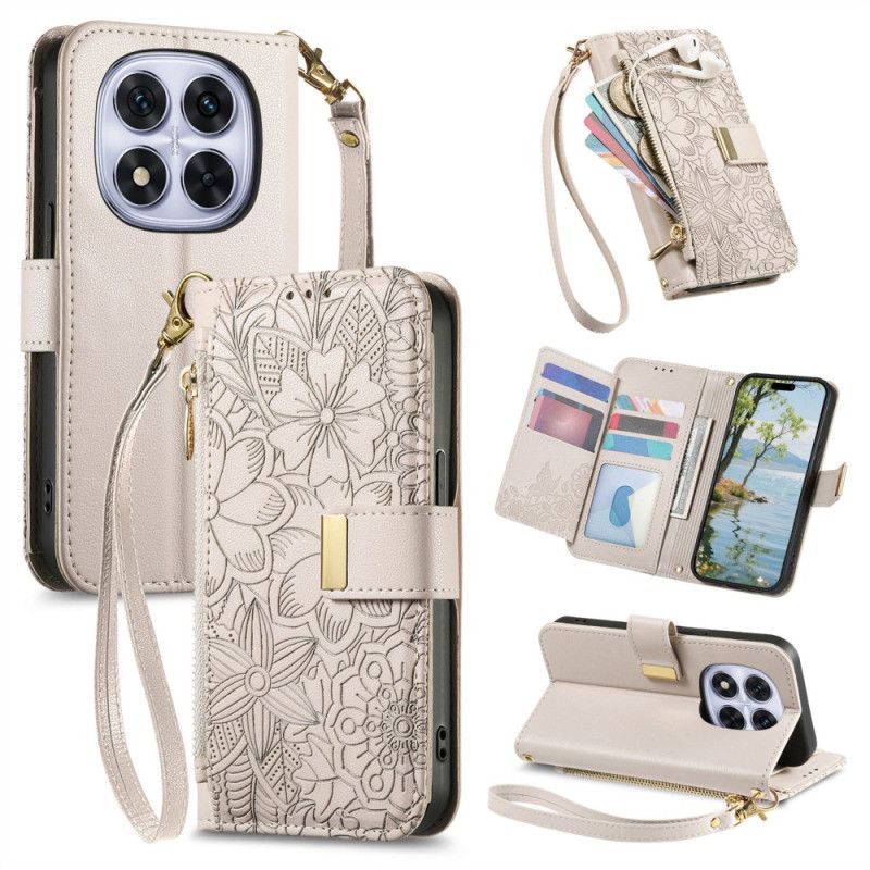 Flip Cover Til Xiaomi Redmi Note 15 Pro Plus 5g Blomstermønster Og Lynlåslomme