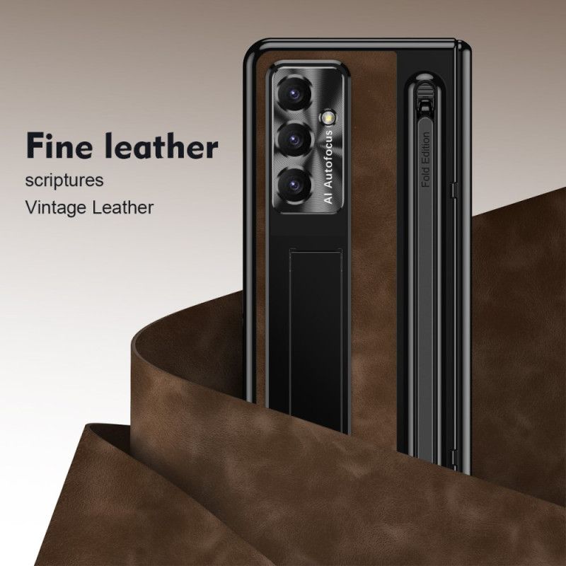 Cover Samsung Galaxy Z Fold 7 Telefon Etui Stativ Med Lædereffekt Og Stylusholder