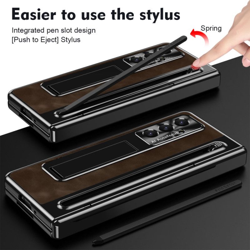 Cover Samsung Galaxy Z Fold 7 Telefon Etui Stativ Med Lædereffekt Og Stylusholder