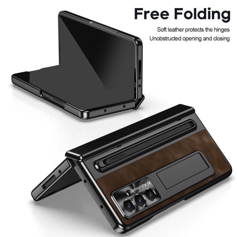 Cover Samsung Galaxy Z Fold 7 Telefon Etui Stativ Med Lædereffekt Og Stylusholder