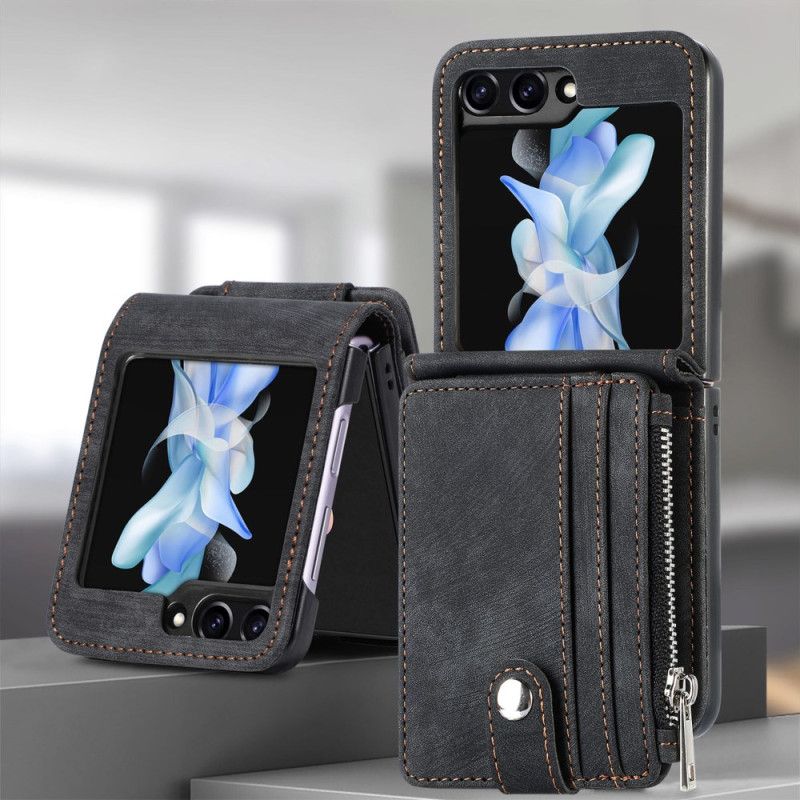 Cover Samsung Galaxy Z Flip 7 Fe Telefon Etui Retro Stativ Og Kortholder Med Lynlås