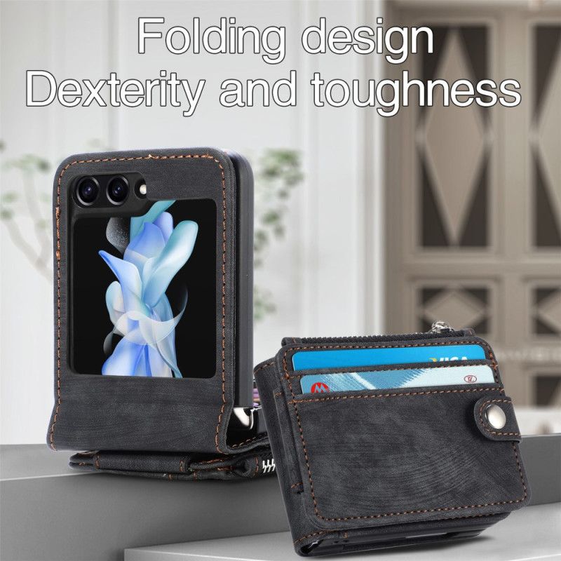 Cover Samsung Galaxy Z Flip 7 Fe Telefon Etui Retro Stativ Og Kortholder Med Lynlås