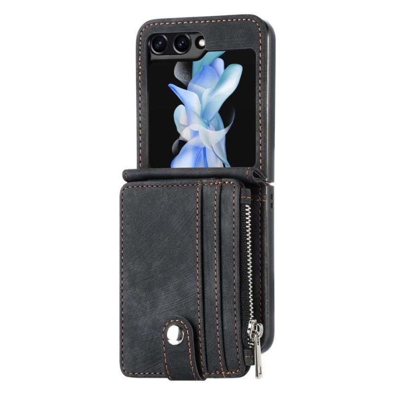 Cover Samsung Galaxy Z Flip 7 Fe Telefon Etui Retro Stativ Og Kortholder Med Lynlås
