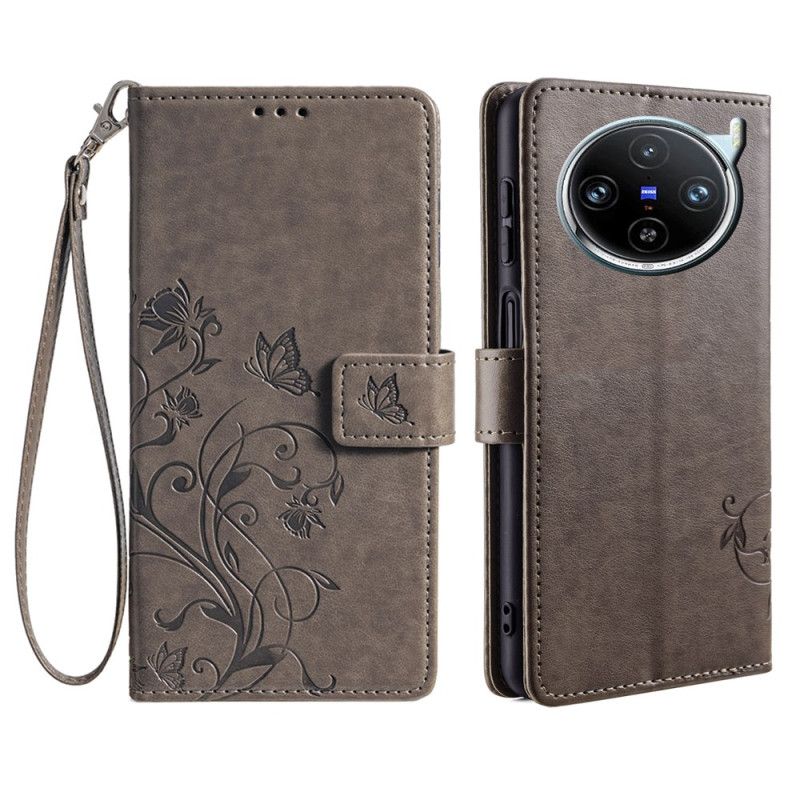 Læder Cover Vivo X100 Pro Telefon Etui Blomsterrem