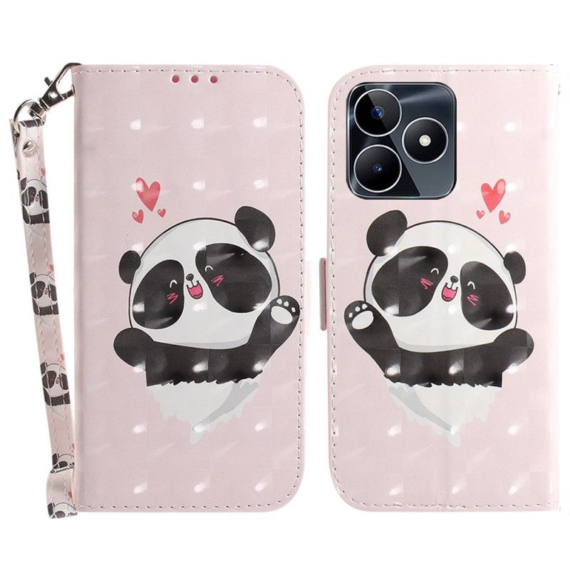 Flip Cover Realme C53 Panda-kærlighedsholder Med Snor