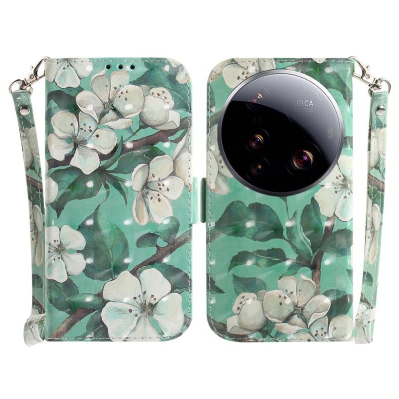 Flip Cover Xiaomi 15 Ultra Hvide Blomster Med Snor