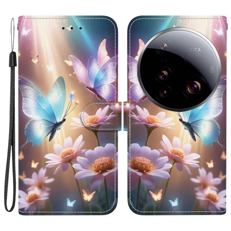 Læder Cover Xiaomi 15 Ultra Sommerfugle Og Himmelblomster