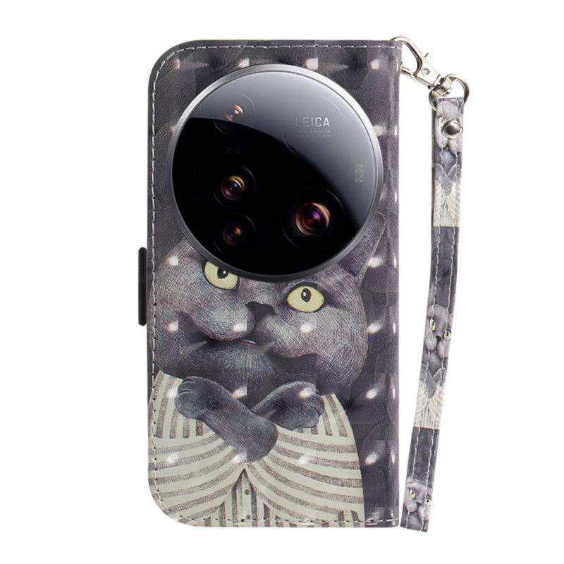 Læder Cover Xiaomi 15 Ultra Telefon Etui Grå Kat Med Snor