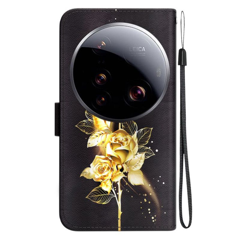 Læder Cover Xiaomi 15 Ultra Telefon Etui Gyldne Roser Og Sommerfugle