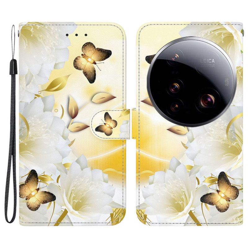 Læder Cover Xiaomi 15 Ultra Telefon Etui Gyldne Sommerfugle Og Hvide Blomster