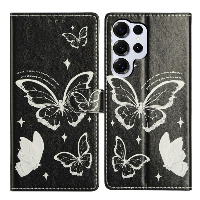 Læder Cover Samsung Galaxy S26 Ultra Sorte Og Hvide Sommerfugle