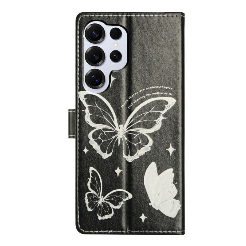 Læder Cover Samsung Galaxy S26 Ultra Sorte Og Hvide Sommerfugle