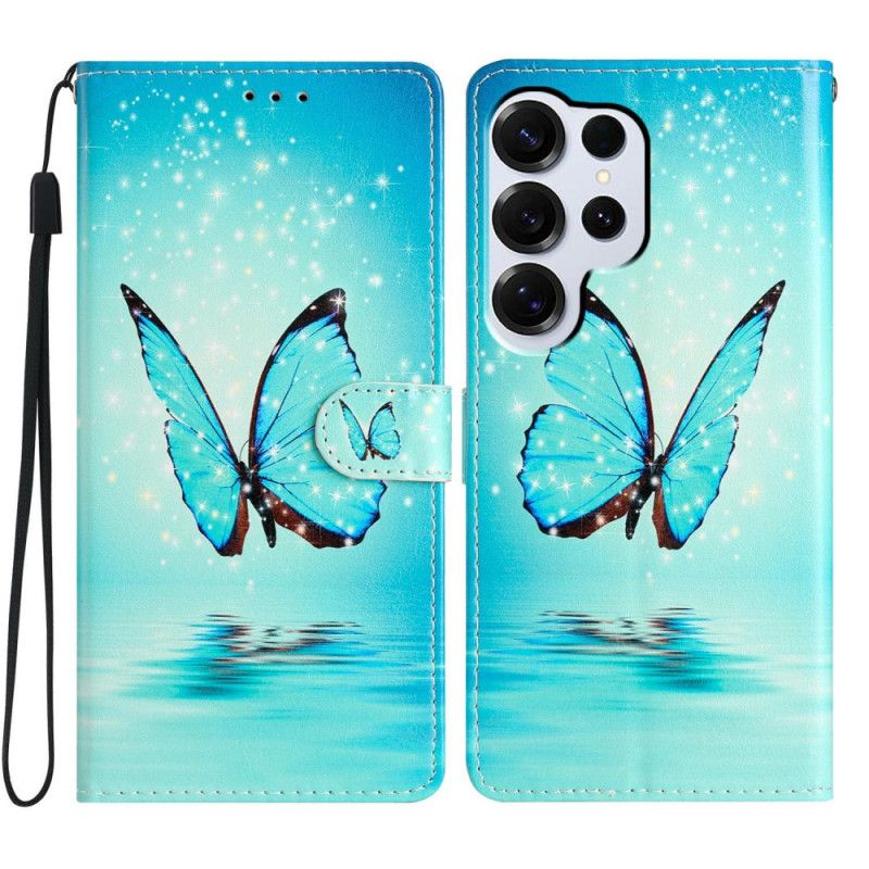 Læder Cover Samsung Galaxy S26 Ultra Telefon Etui Blå Sommerfugl På Vandet