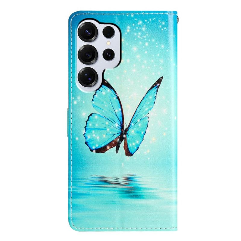 Læder Cover Samsung Galaxy S26 Ultra Telefon Etui Blå Sommerfugl På Vandet