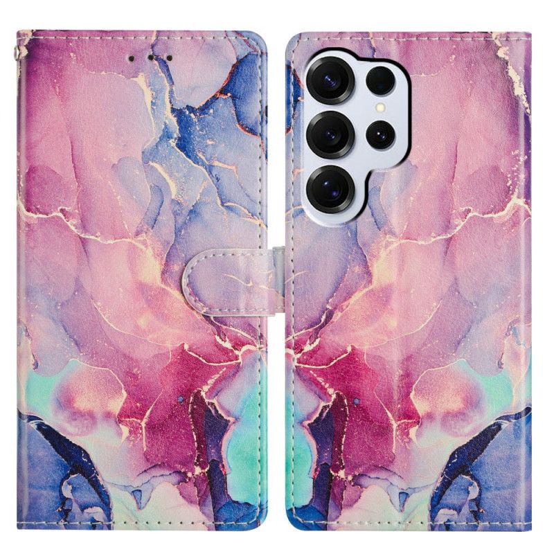 Læder Cover Samsung Galaxy S26 Ultra Telefon Etui Grøn Og Lyserød Marmor