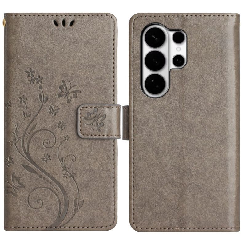 Læder Cover Samsung Galaxy S26 Ultra Telefon Etui Sommerfugl Og Blomster