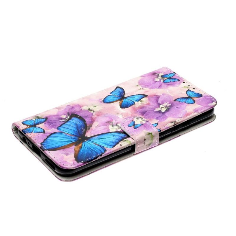 Flip Cover Samsung Galaxy A12 Hemming Blå Sommerfugle Og Blomster