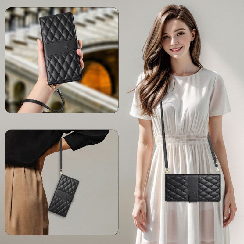 Flip Cover Til Vivo V50 5g Quiltet Med Rem Og Skulderrem