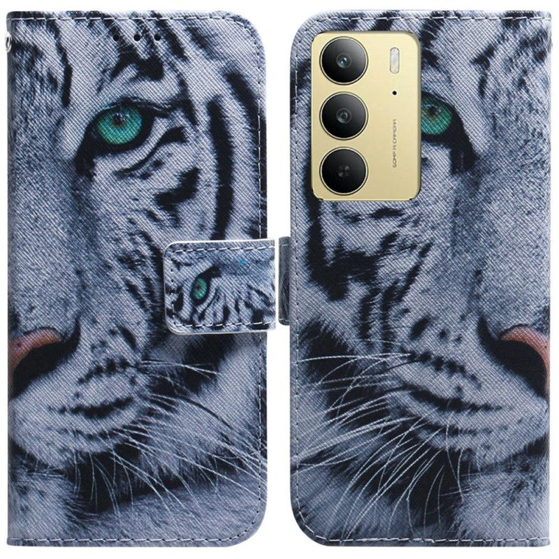 Læder Cover Realme C75 Telefon Etui Hvid Tiger