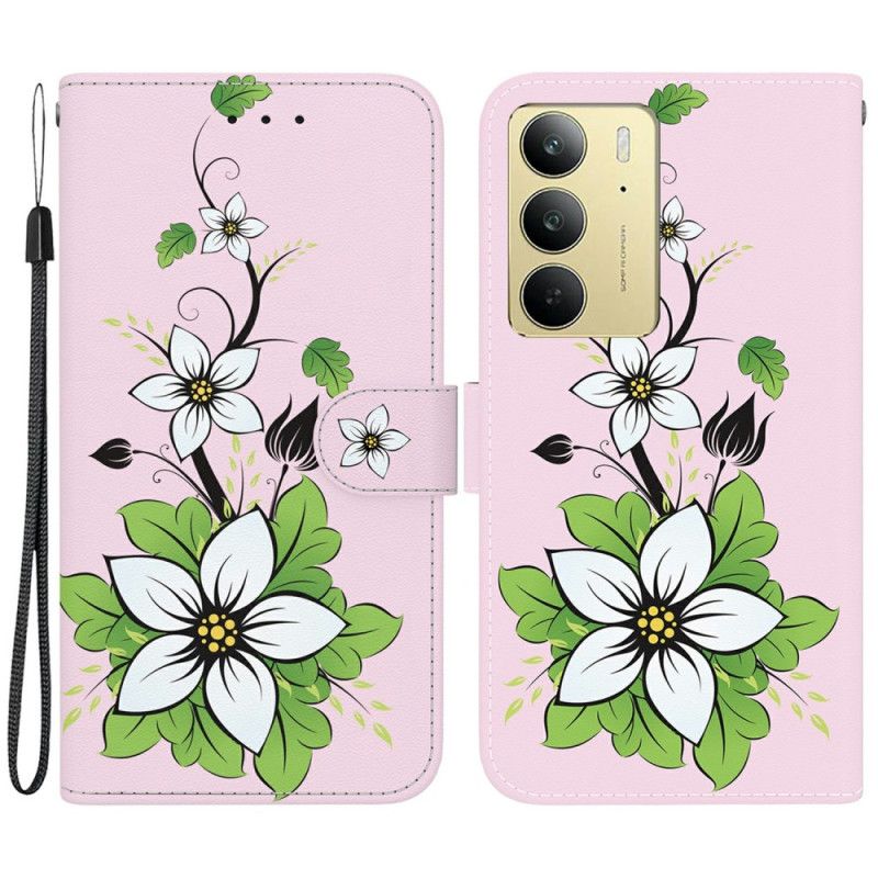 Læder Cover Realme C75 Telefon Etui Liljemønster