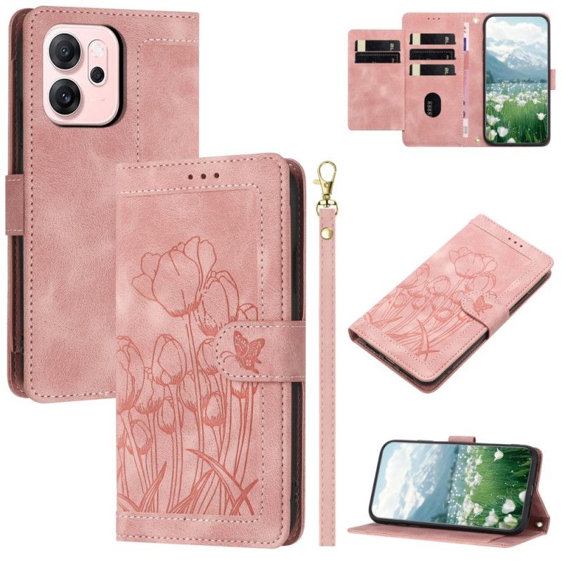 Flip Cover Oppo Reno 14 5g Blomsterprint Med Ruskindseffekt