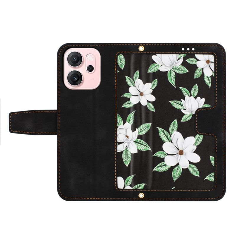 Læder Cover Oppo Reno 14 5g Telefon Etui Blomsterdesign Med Rem
