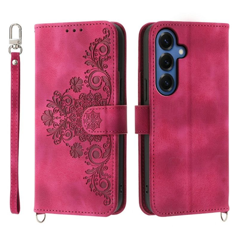 Flip Cover Samsung Galaxy S26 Blomstermønster Med Ruskindseffekt Og Stropper