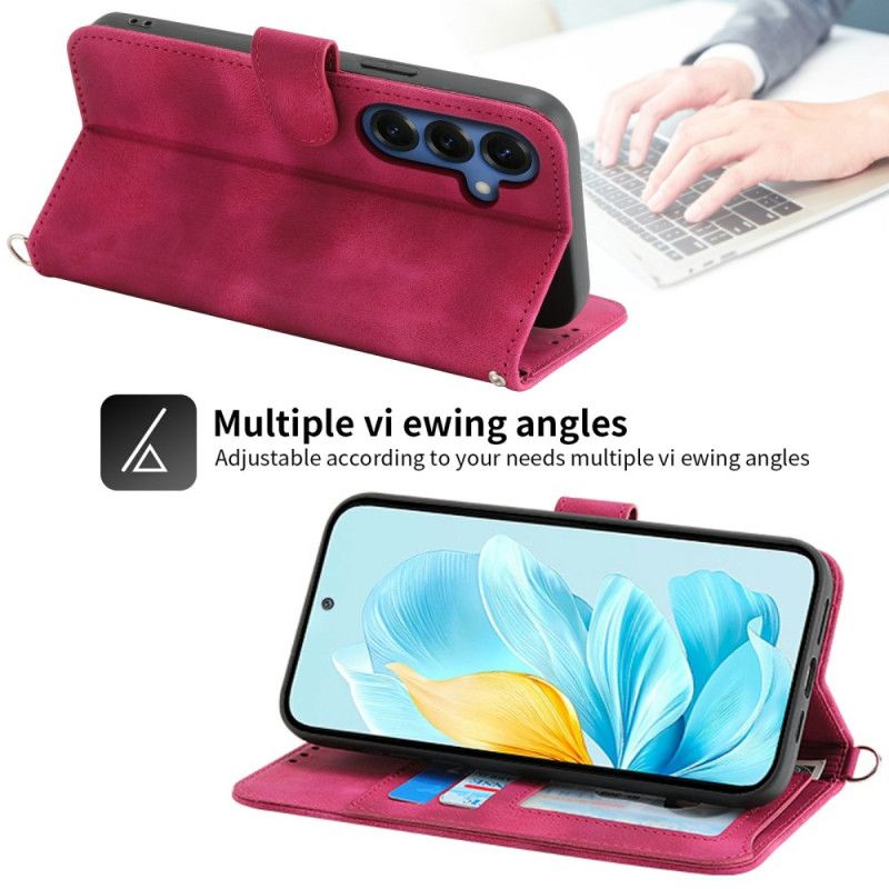 Flip Cover Samsung Galaxy S26 Blomstermønster Med Ruskindseffekt Og Stropper