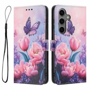 Flip Cover Samsung Galaxy S26 Sommerfugl Og Lyserøde Blomster