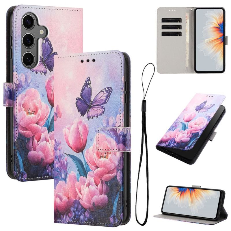 Flip Cover Samsung Galaxy S26 Sommerfugl Og Lyserøde Blomster