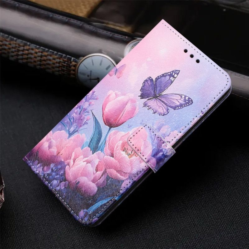 Flip Cover Samsung Galaxy S26 Sommerfugl Og Lyserøde Blomster