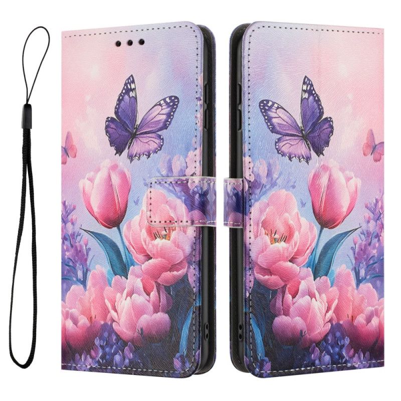 Flip Cover Samsung Galaxy S26 Sommerfugl Og Lyserøde Blomster