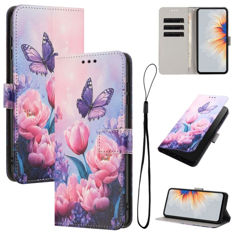 Flip Cover Samsung Galaxy S26 Sommerfugl Og Lyserøde Blomster