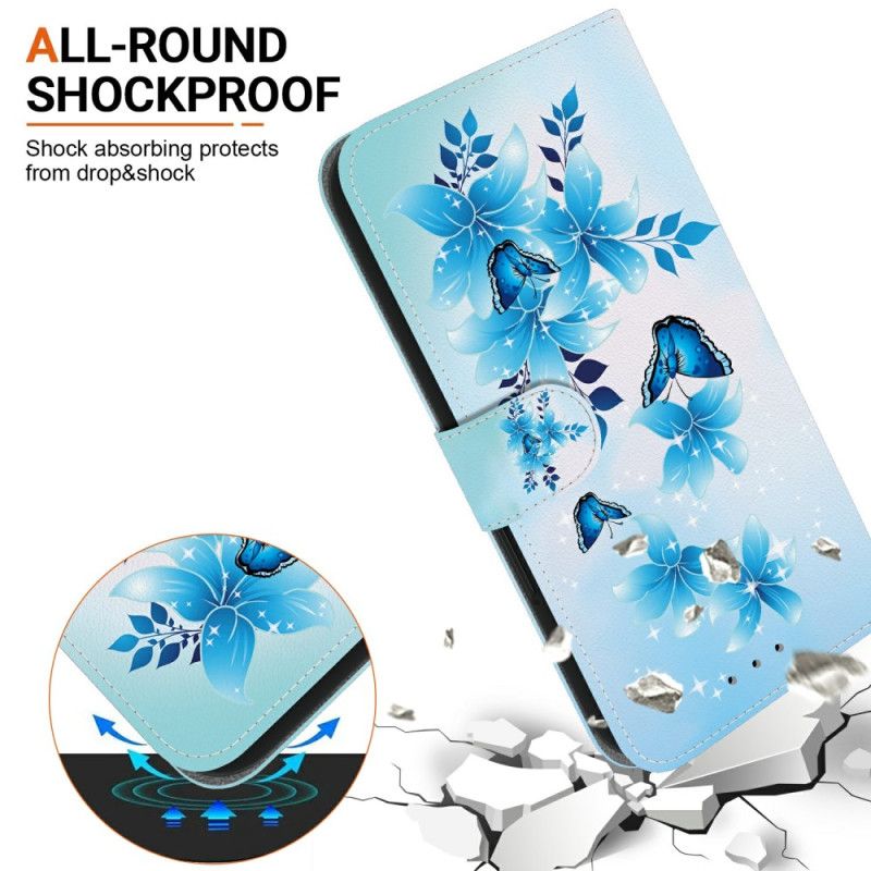Flip Cover Til Samsung Galaxy S26 Blå Sommerfugle Og Blomster