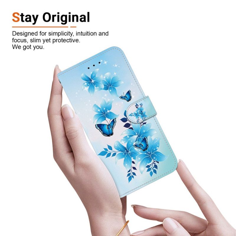Flip Cover Til Samsung Galaxy S26 Blå Sommerfugle Og Blomster
