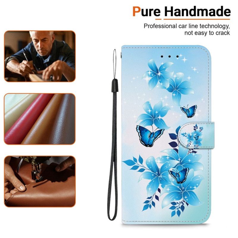 Flip Cover Til Samsung Galaxy S26 Blå Sommerfugle Og Blomster