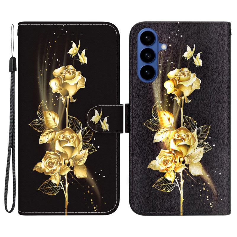 Flip Cover Til Samsung Galaxy S26 Guld Og Lyserøde Sommerfugle