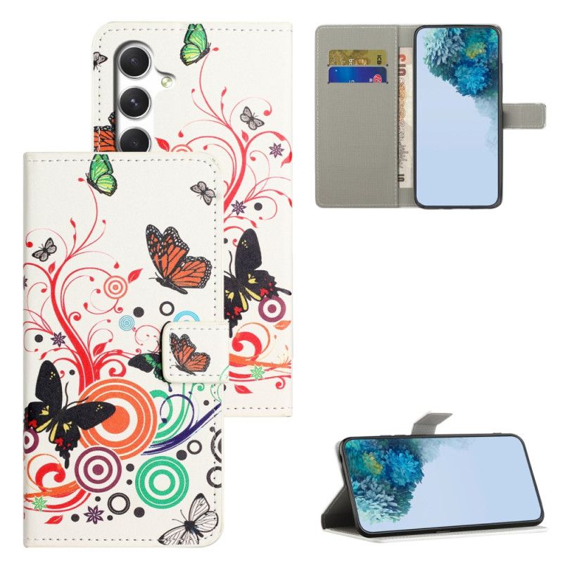 Læder Cover Samsung Galaxy S26 Telefon Etui Hvide Sommerfugle