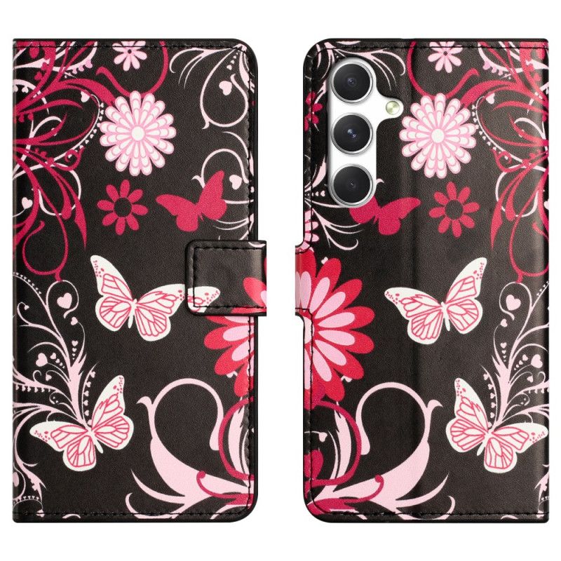 Læder Cover Samsung Galaxy S26 Telefon Etui Sommerfugle På Sort Baggrund