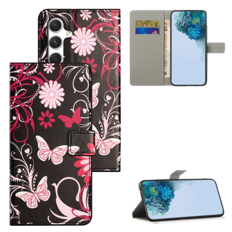Læder Cover Samsung Galaxy S26 Telefon Etui Sommerfugle På Sort Baggrund