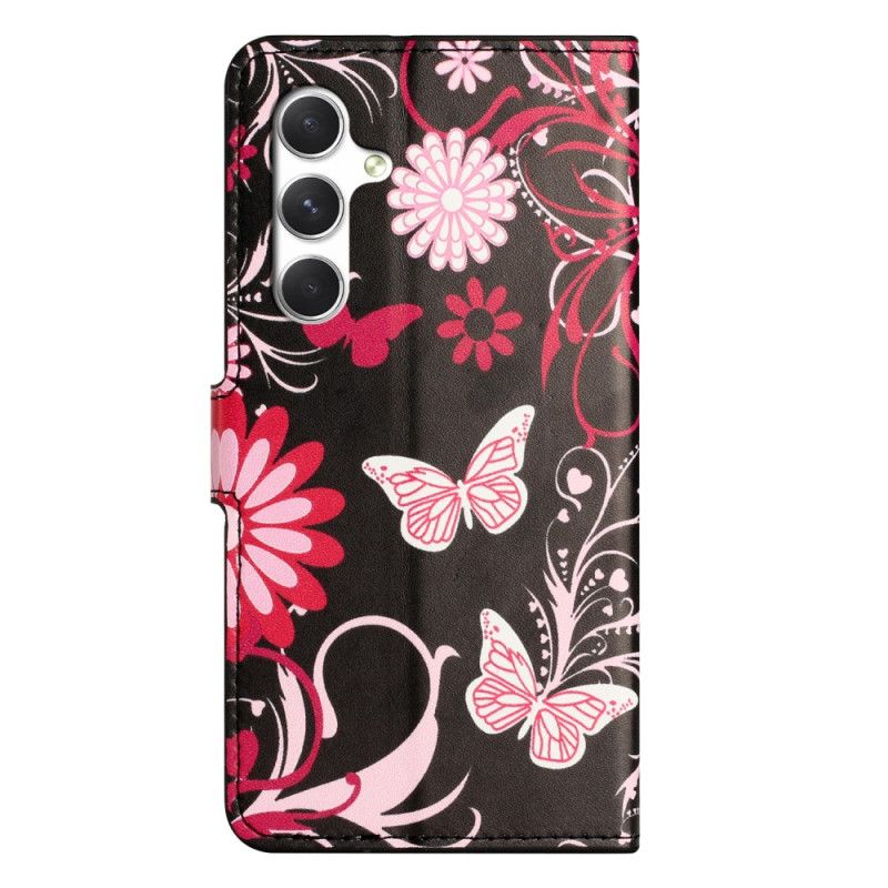 Læder Cover Samsung Galaxy S26 Telefon Etui Sommerfugle På Sort Baggrund