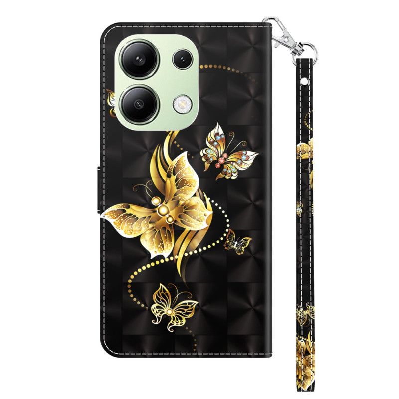 Flip Cover Til Xiaomi Redmi Note 13 4g Gyldne Sommerfugle Med Rem