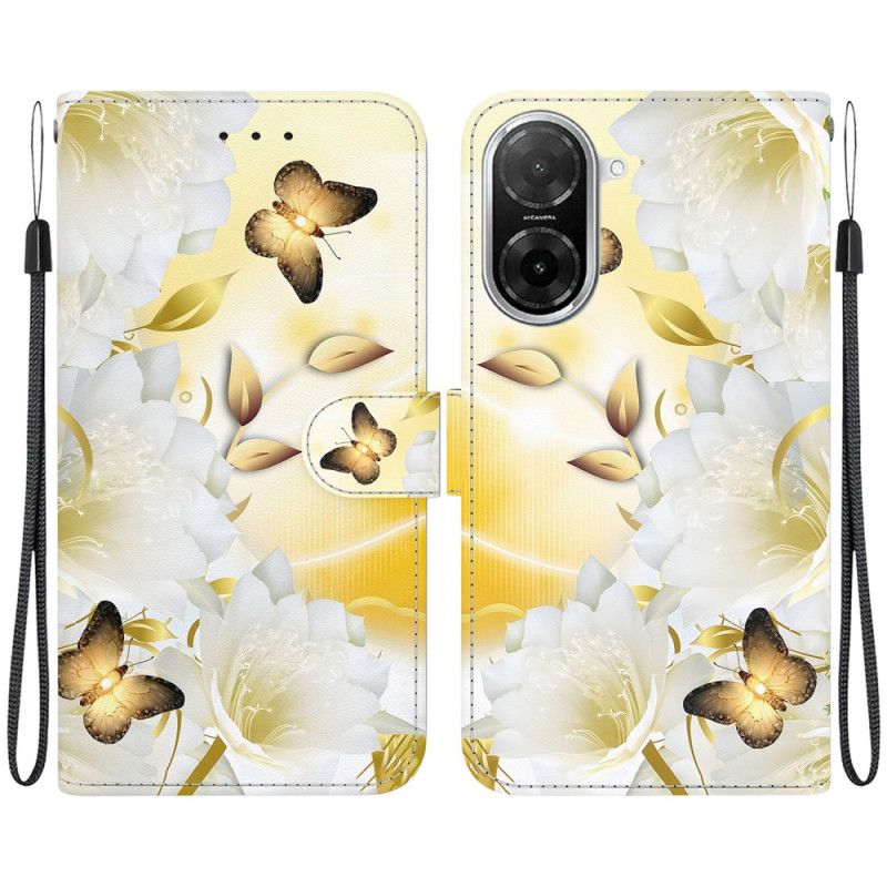 Flip Cover Poco C71 Gyldne Sommerfugle Og Hvide Blomster