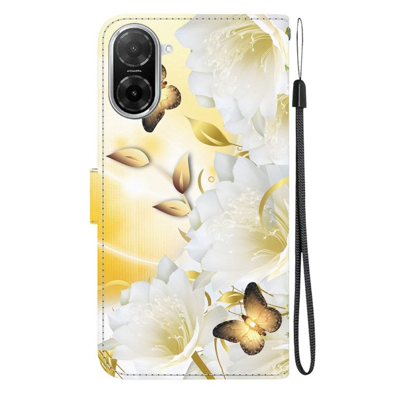 Flip Cover Poco C71 Gyldne Sommerfugle Og Hvide Blomster