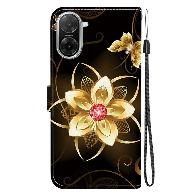 Læder Cover Poco C71 Telefon Etui Gylden Blomst
