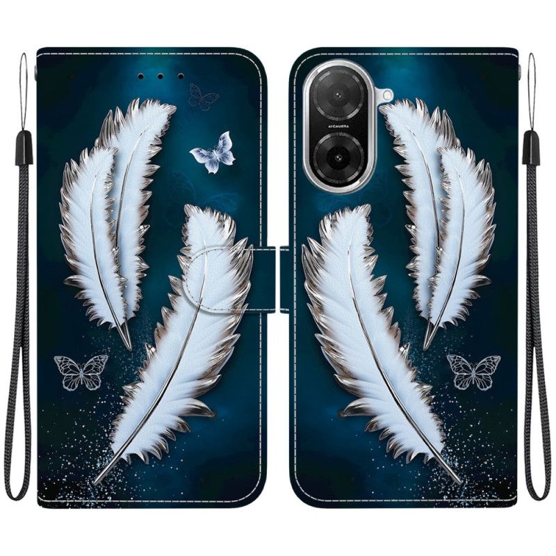 Læder Cover Poco C71 Telefon Etui Hvide Fjer